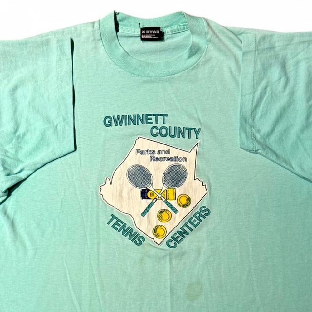 VINTAGE 80s TENNIS GWINNETT COUNTY PARKS DEPARTMENT CYAN TEAL TEE XL